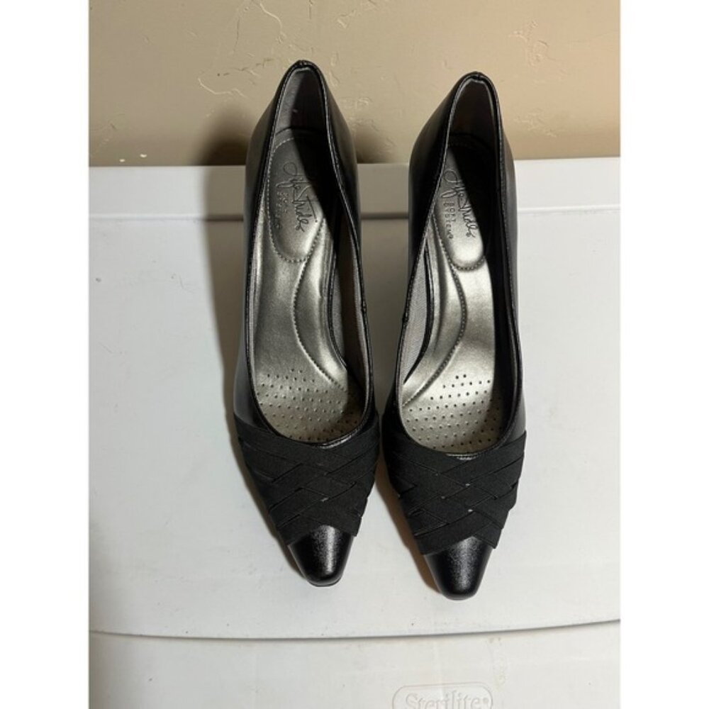 LifeStride Soft System Women Black Leather Pointed Toe Block Heel Pumps Shoes